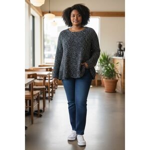 Talbots Women's Blue Black Speckled Knit Sweater Size L Crew Neck Long Sleeve‎